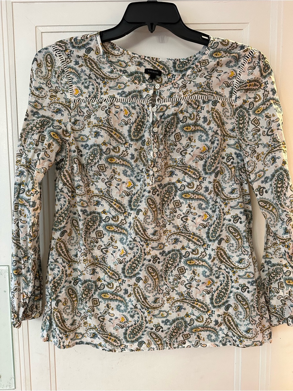 Talbots White Paisley Henley Long-Sleeve Blouse with Green and Gold Accents
